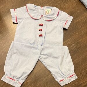 Shrimp and Grits Light Blue Baby Romper with Red truck Accents